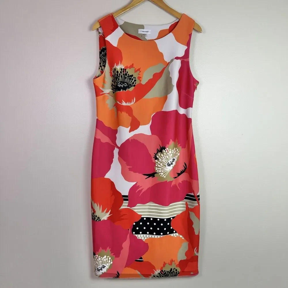 Calvin Klein Floral Sheath Midi Dress Women's 12 Pink Orange Bold Career Office - Picture 3 of 16